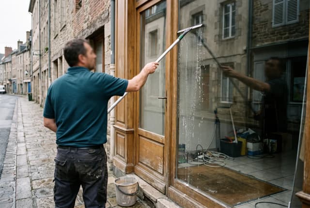 Laveur de vitres nettoyant la devanture d'une boutique dans une rue en pierre