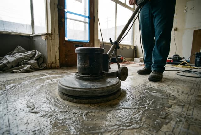 Monobrosse décapant un carrelage lors d'une remise en état après travaux