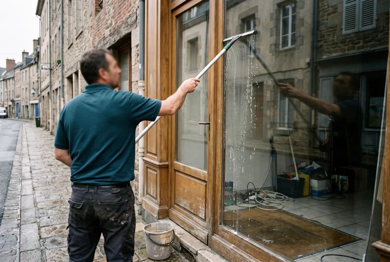 Laveur de vitres nettoyant la devanture d'une boutique dans une rue en pierre