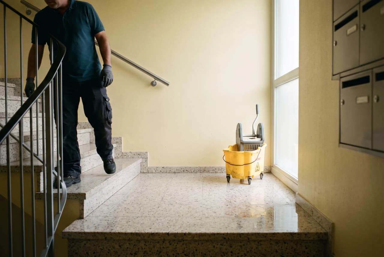 Palier en granito d'une résidence tout juste nettoyé, seau et escalier en arrière-plan